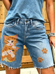 Women's Animal Cat Art Printed Short Jeans