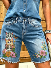 Women's Animal Cat Art Printed Short Jeans