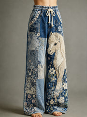 Women's Vintage Floral And Horse Collage Art Print Trousers