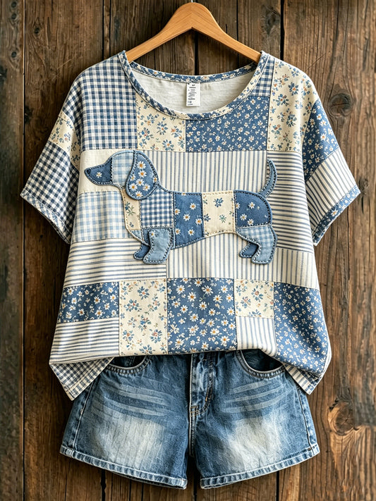 Women's Animal Dog Countryside Style Printed Vintage Loose Short Sleeve T-Shirt