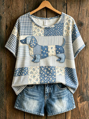 Women's Animal Dog Countryside Style Printed Vintage Loose Short Sleeve T-Shirt