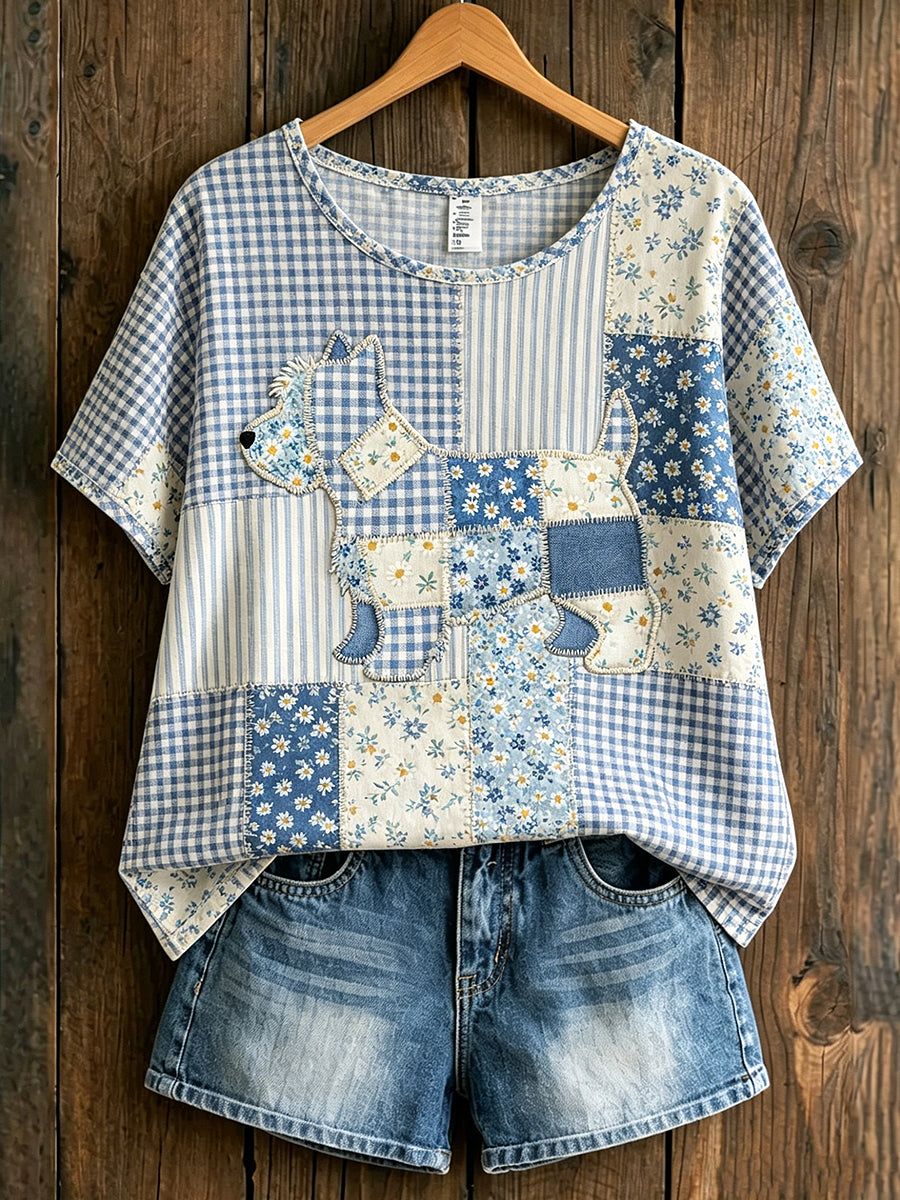 Women's Animal Dog Countryside Style Printed Vintage Loose Short Sleeve T-Shirt
