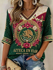 Women's Mexico Football Lover Art Printed Linen T-shirt