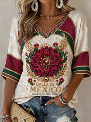 Women's Mexico Football Lover Art Printed Linen T-shirt