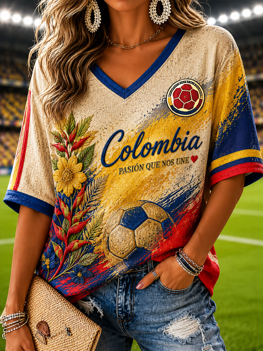Women's Retro Columbia Floral Casual V-Neck T-Shirt