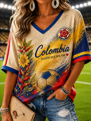 Women's Retro Columbia Floral Casual V-Neck T-Shirt