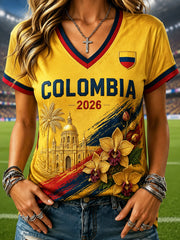 Women's Retro Columbia Floral Art Casual V-Neck T-Shirt