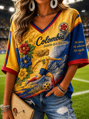 Women's Retro Columbia Soccer Fan Casual V-Neck T-Shirt