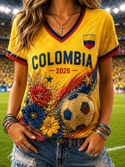 Women's Retro Columbia Soccer Floral Art V-Neck T-Shirt