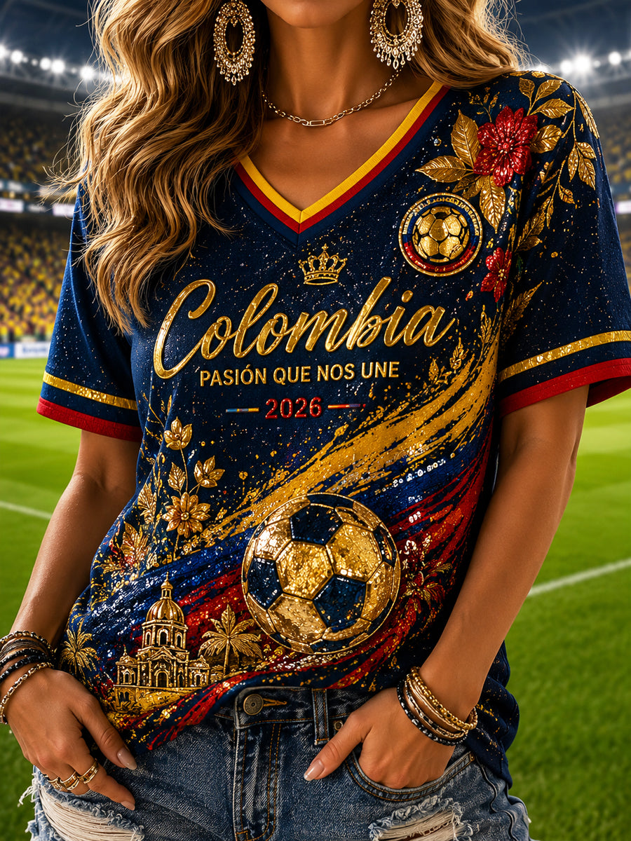 Women's Retro Columbia Soccer Floral V-Neck T-Shirt