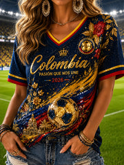 Women's Retro Columbia Soccer Floral V-Neck T-Shirt