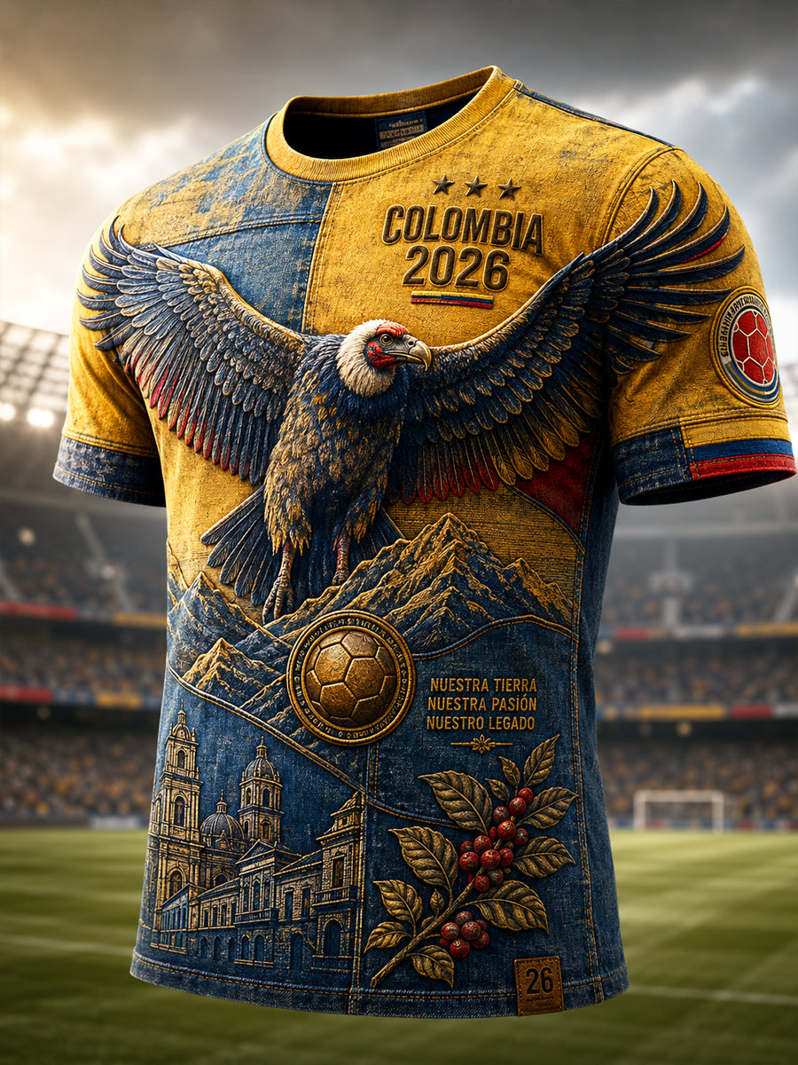 Retro Colombia Soccer Fan Patchwork T-Shirt