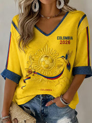 Women's Colombian Football Style Casual Waffle T-shirt