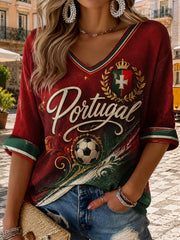 Women's Portuguese Football-Themed Art Print V-Neck Top