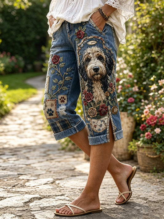 Women's Vintage Floral Puppy Collage Pattern Denim Patchwork Capri Pants