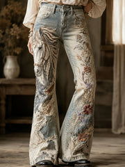 Women's Vintage Floral And Horse Collage Art Print Flared Trousers