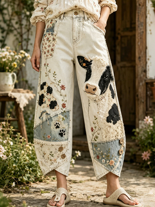 Women's Vintage Floral And Cow Print Collage Art Print Flared Trousers