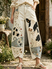 Women's Vintage Floral And Cow Print Collage Art Print Flared Trousers
