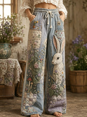 Women's Vintage Floral Rabbit Collage Art Print Trousers