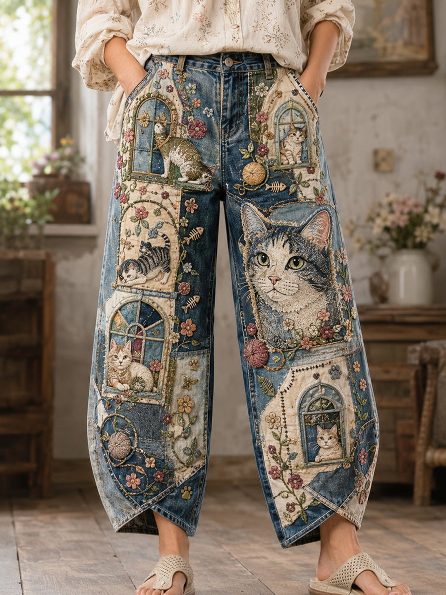 Women's Vintage Floral Cats Collage Print Flared Trousers