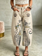 Women's Animal Bohemian Cat Art Print Pocketing Trousers