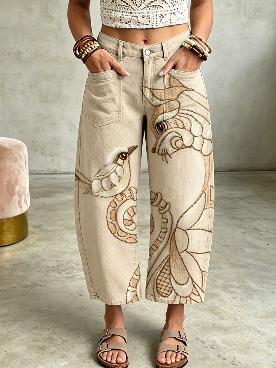 Women's Animal Bohemian Cat Art Print Pocketing Trousers