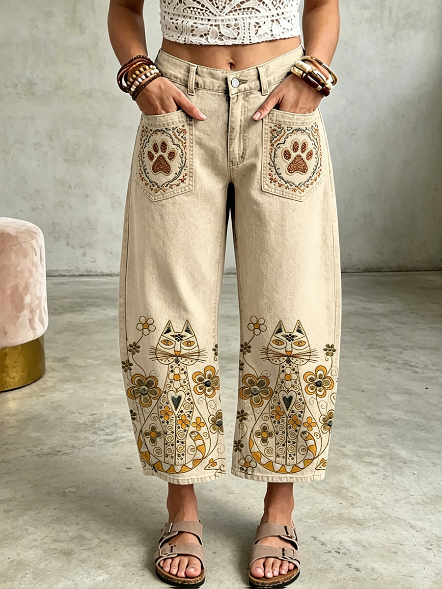 Women's Animal Bohemian Cat Art Print Pocketing Trousers
