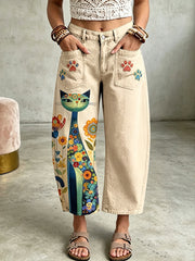 Women's Animal Bohemian Cat Art Print Pocketing Trousers