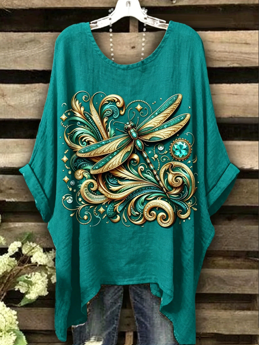 Women's Dragonfly Printed Vintage Fashion Loose Short Sleeve T-Shirt