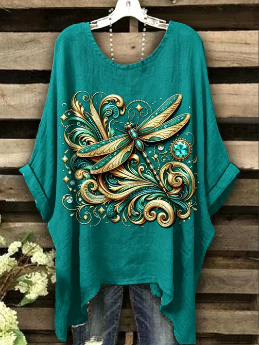 Women's Dragonfly Printed Vintage Fashion Loose Short Sleeve T-Shirt