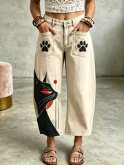 Women's Animal Cat Art Print Pocketing Trousers