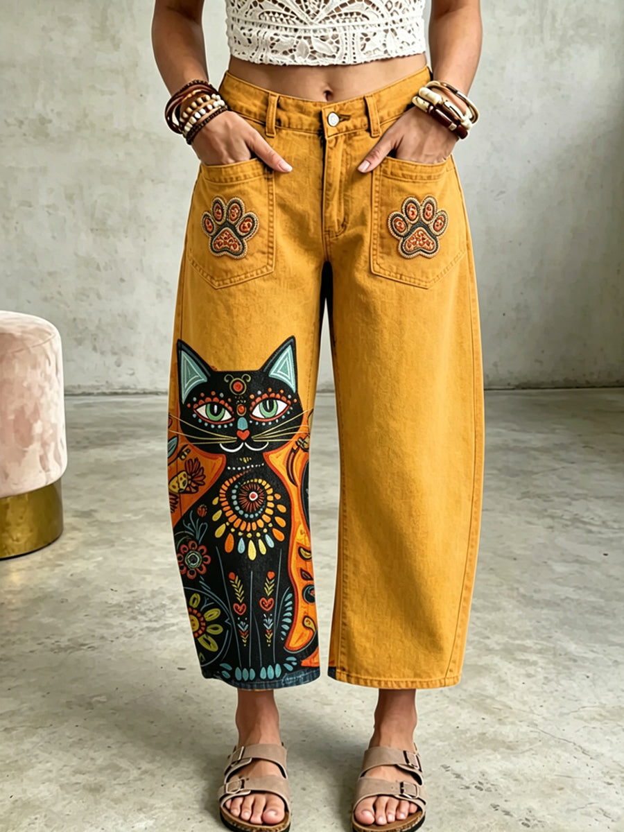 Women's Animal Cat Art Print Pocketing Trousers