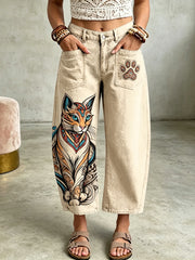 Women's Animal Cat Art Print Pocketing Trousers