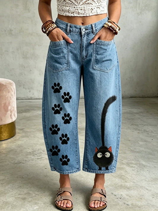 Women's Animal Cat Art Print Pocketing Trousers