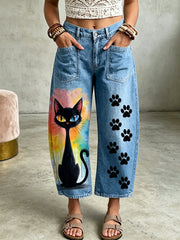 Women's Animal Cat Art Print Pocketing Trousers