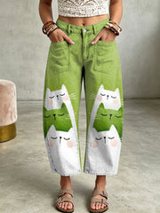 Women's Animal Cat Art Print Pocketing Trousers