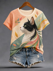 Women's Artistic Cat Print Casual Tee