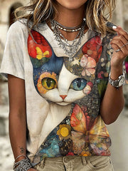 Women's Animal Cat Art Printed Vintage Fashion Loose Short Sleeve T-Shirt