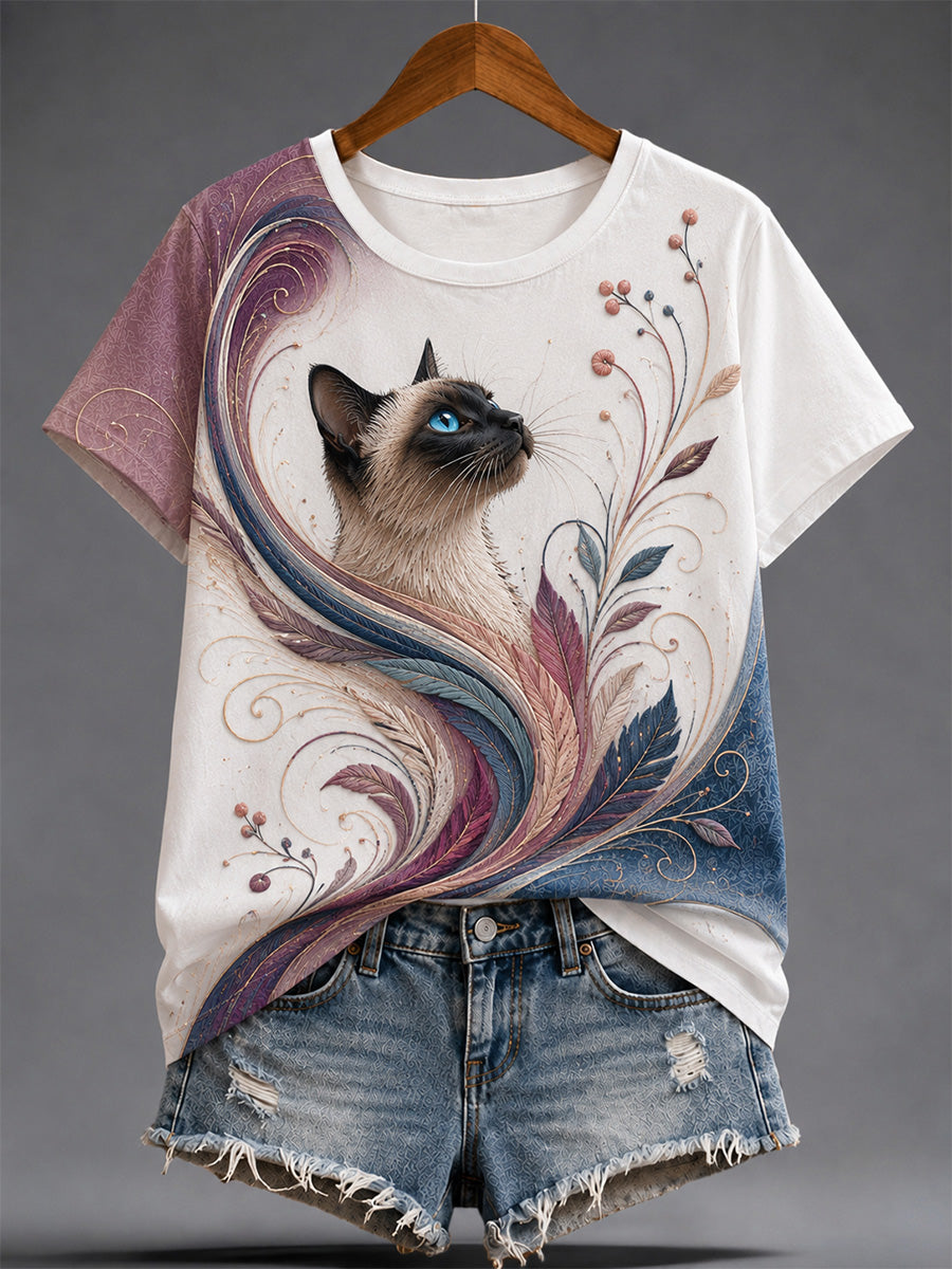 Women's Artistic Cat Print Casual Tee