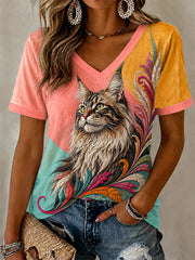 Women's Artistic Cat Print Casual V-Neck Tee