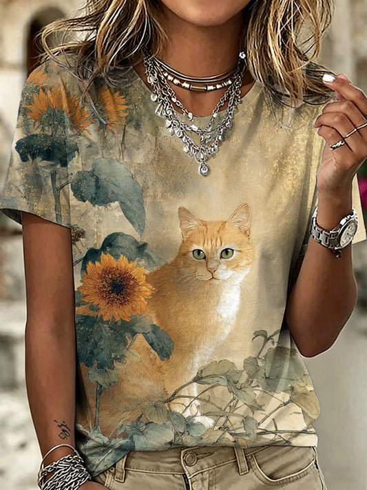 Women's Animal Cat Art Printed Vintage Fashion Loose Short Sleeve T-Shirt