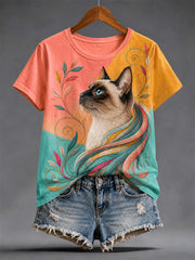 Women's Artistic Cat Print Casual Tee
