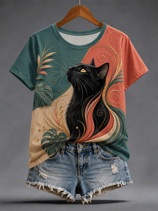 Women's Artistic Cat Print Casual Tee