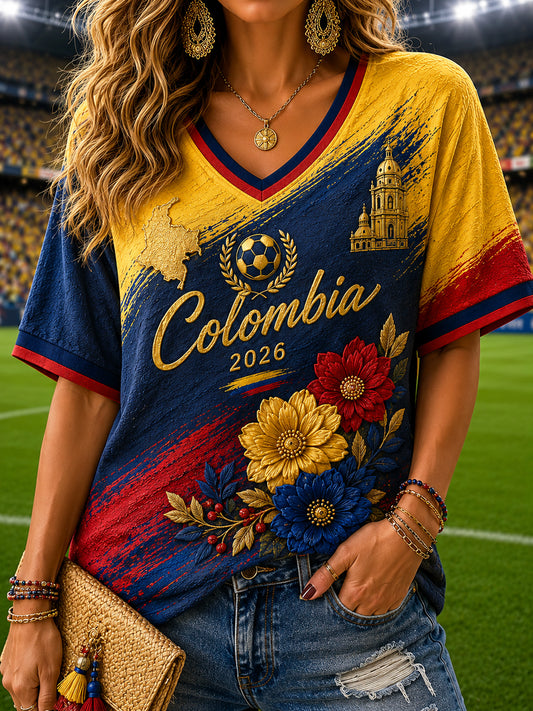 Women's Retro Columbia Soccer Fan Casual V-Neck Top