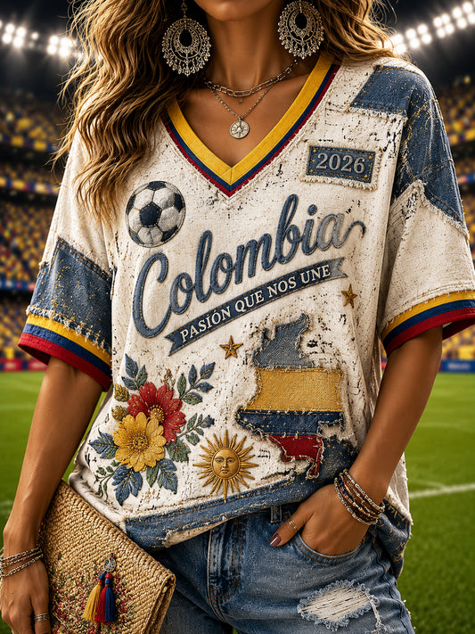 Women's Retro Columbia Soccer Patchwork Casual V-Neck Top
