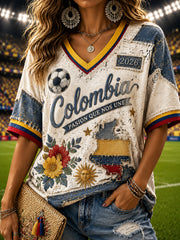 Women's Retro Columbia Soccer Patchwork Casual V-Neck Top