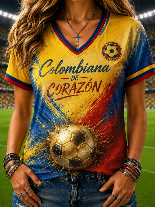 Women's Retro Columbia Soccer Commemorative Casual V-Neck T-Shirt