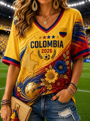 Women's Retro Columbia Floral Casual V-Neck Top