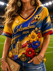 Women's Retro Columbia Soccer Tropical Casual V-Neck Top