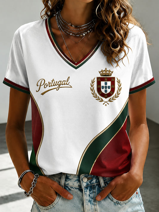 Women's Portuguese Football Printed V-neck T-shirt